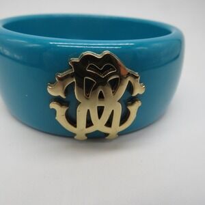 Roberto Cavalli Turquoise Polyresin Bangle Bracelet Gold RC Logo Teal Blue